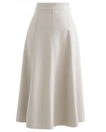 Soft Faux Leather Seamed A-Line Skirt in Ivory