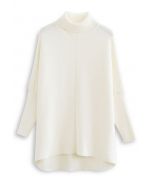 Effortless Chic Turtleneck Batwing Sleeve Hi-Lo Sweater in White