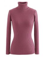 Turtleneck Ribbed Fitted Knit Top in Berry