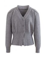 Puff Sleeve Buttoned Knit Cardigan in Grey