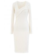 Surplice Wrap Front Ribbed Knit Dress in White