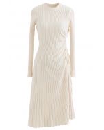 Side Drawstring Ribbed Knit Midi Dress in Ivory