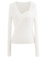 V-Neck Fitted Knit Top in White