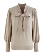 Bow Neck Sleeves Knit Top in Tan