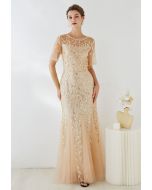 Leaves Branch Sequined Mesh Panelled Gown in Apricot