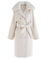 Faux Fur Collar Double Breasted Belted Coat in Cream