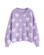 Fuzzy Contrast Heart Knit Sweater in Purple