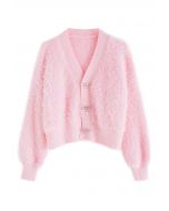 Bowknot Brooch Fuzzy Knit Cardigan in Pink