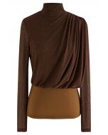 Gleam High Neck Spliced Ruched Top in Brown