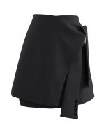 Tie Waist Flap Front Mini Skirt in Black