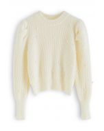 Pearl Embellished Puff Sleeve Knit Sweater in Cream
