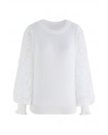Paisley Crochet Sleeve Knit Top in White