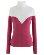 Turtleneck Two-Tone Fitted Knit Top in Berry