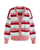 Multicolor Stripes Heart Button Cardigan