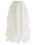 Floral Lace Ruffle Mesh Tulle Skirt in Ivory