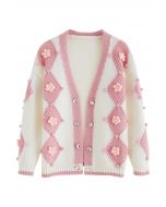 Pink Floral Stitched Pom-Pom Knit Cardigan