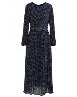 Polka Dots Belted Chiffon Maxi Dress in Navy