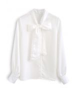 Crochet Edge Bowknot Satin Shirt in White