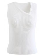 Oblique V-Neck Knit Tank Top in White