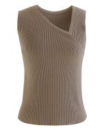 Oblique V-Neck Knit Tank Top in Brown