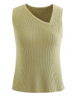 Oblique V-Neck Knit Tank Top in Moss Green