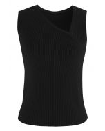 Oblique V-Neck Knit Tank Top in Black