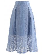 Floral Jacquard Organza Pleated Midi Skirt in Blue
