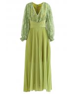 V-Neck Lace Spliced Pleated Maxi Dress in Moss Green