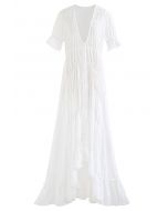Deep V-Neck Embossed Asymmetric Hem Maxi Dress in White