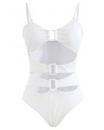 White Buckle Cutout Ribbed Swimsuit