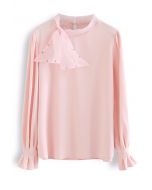 Pearly Mesh Bowknot Satin Shirt in Pink