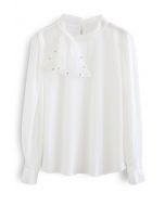 Pearly Mesh Bowknot Satin Shirt in White