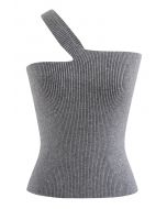 Oblique Shoulder Crop Knit Tank Top in Grey