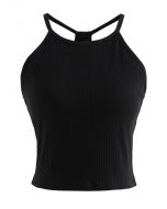 Halter Neck Racer Back Ribbed Top in Black