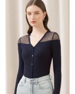 Button Down V-Neck Tulle Ribbed Top
