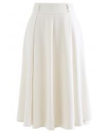 Button Trim Waist Flare Midi Skirt in Ivory