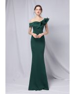 Ruffle One-Shoulder Mermaid Satin Gown in Emerald