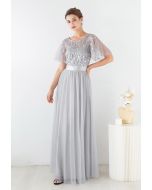 Sequined Vine Flutter Sleeve Mesh Gown in Grey