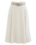 Front Pockets Belted Midi Skirt in Ivory