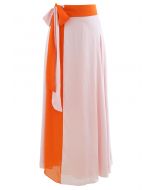Tie-Waist Spliced Wrap Maxi Skirt in Orange