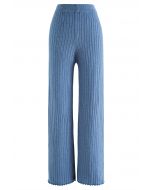 Ribbed Straight Leg Knit Pants in Blue