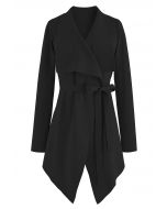 Wide Lapel Tie Waist Knit Cardigan in Black