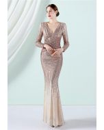 Full Sequin Two-Tone Crisscross Gown in Gold