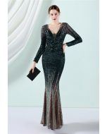 Full Sequin Two-Tone Crisscross Gown in Emerald