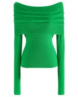Fold Over Off-Shoulder Knit Top in Green