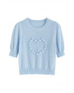 Pom-Pom Heart Short Sleeve Knit Top in Blue