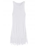 Tassel Hem Hollow Out Sleeveless Knit Cover Up in White