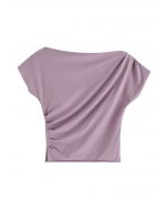 Asymmetric Boat Neck Ruched Top in Lilac