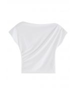 Asymmetric Boat Neck Ruched Top in White