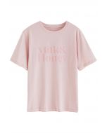 Velvet Letter Crew Neck T-Shirt in Pink